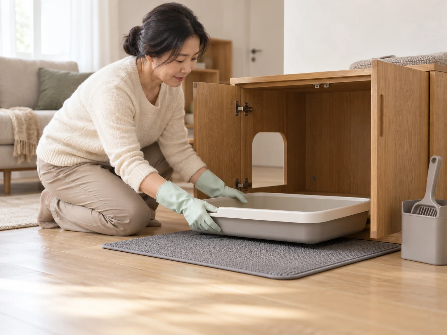 AI-created scene testing removal of a clean tray through fully opened cabinet doors.