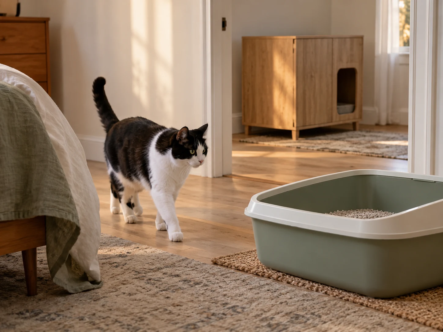 AI-created scene of a cat choosing a familiar open tray while an enclosure remains accessible elsewhere.