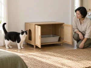 AI-created home planning scene with a cat beside an open generic litter box enclosure.