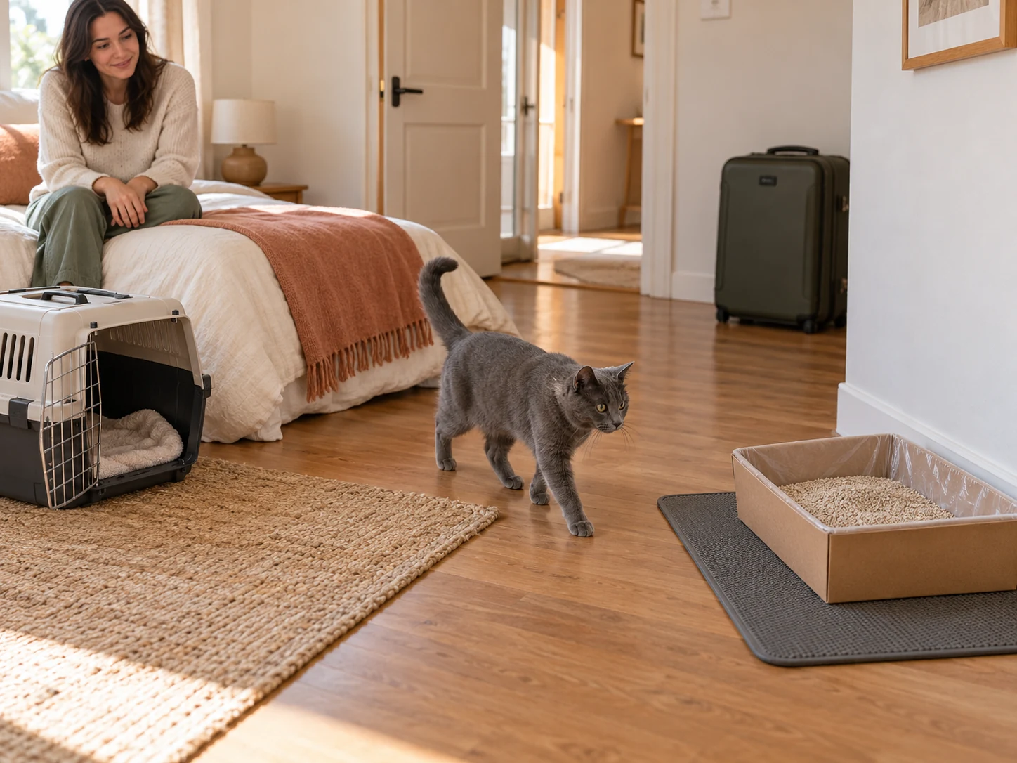 AI-created scene of a cat approaching a temporary tray along a clear guest-room route.