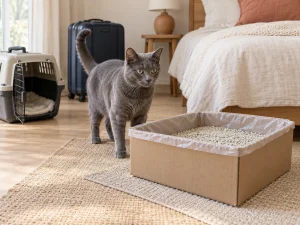 AI-created guest-room scene with a cat and a generic lined disposable litter box.