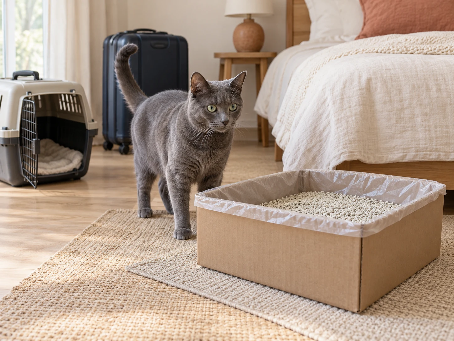 AI-created guest-room scene with a cat and a generic lined disposable litter box.