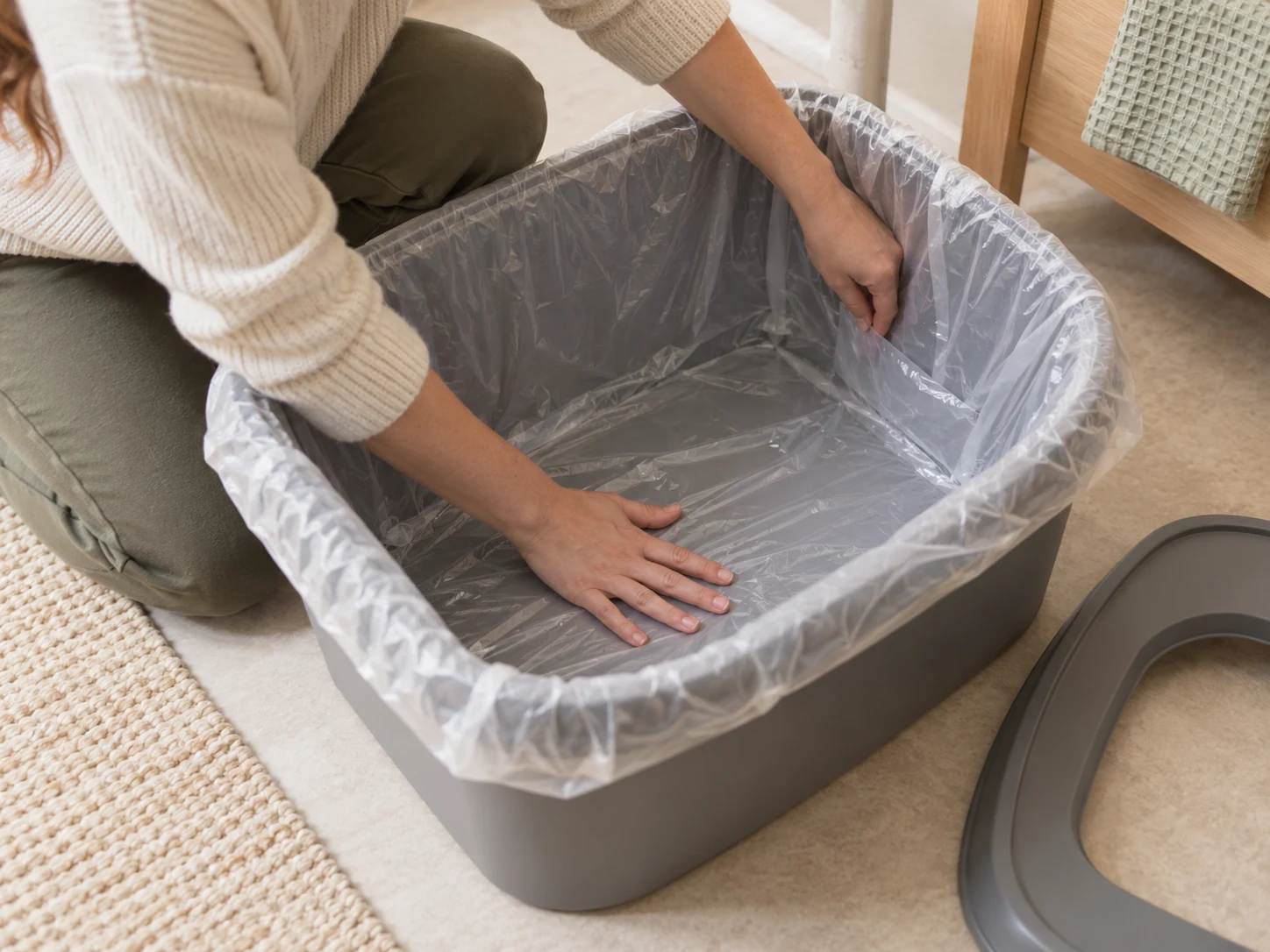 AI-created close view of smoothing a liner onto an empty deep pan's floor and rounded corner.