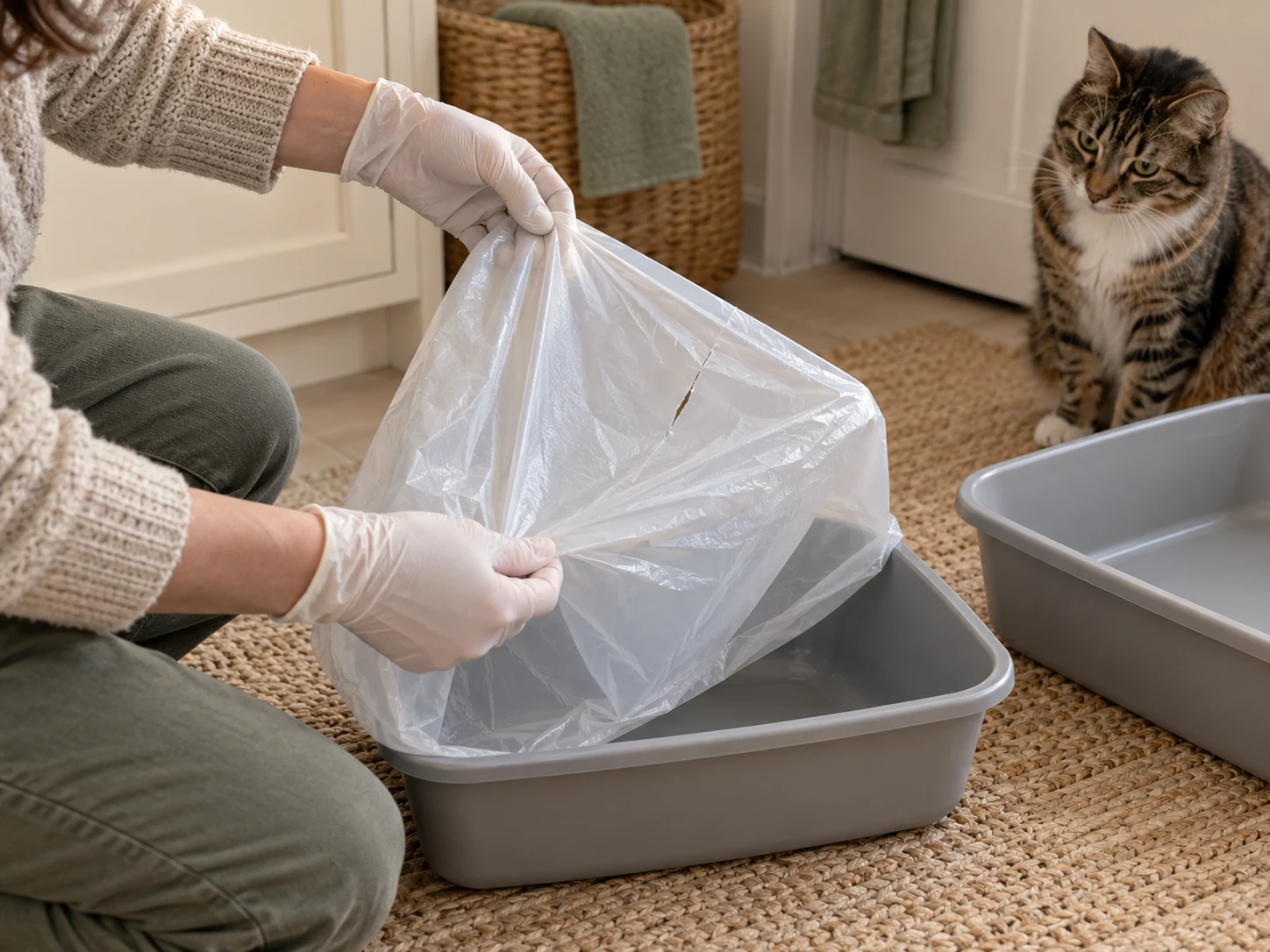 AI-created inspection of a liner's small split above an empty pan with an unlined alternative beside it.