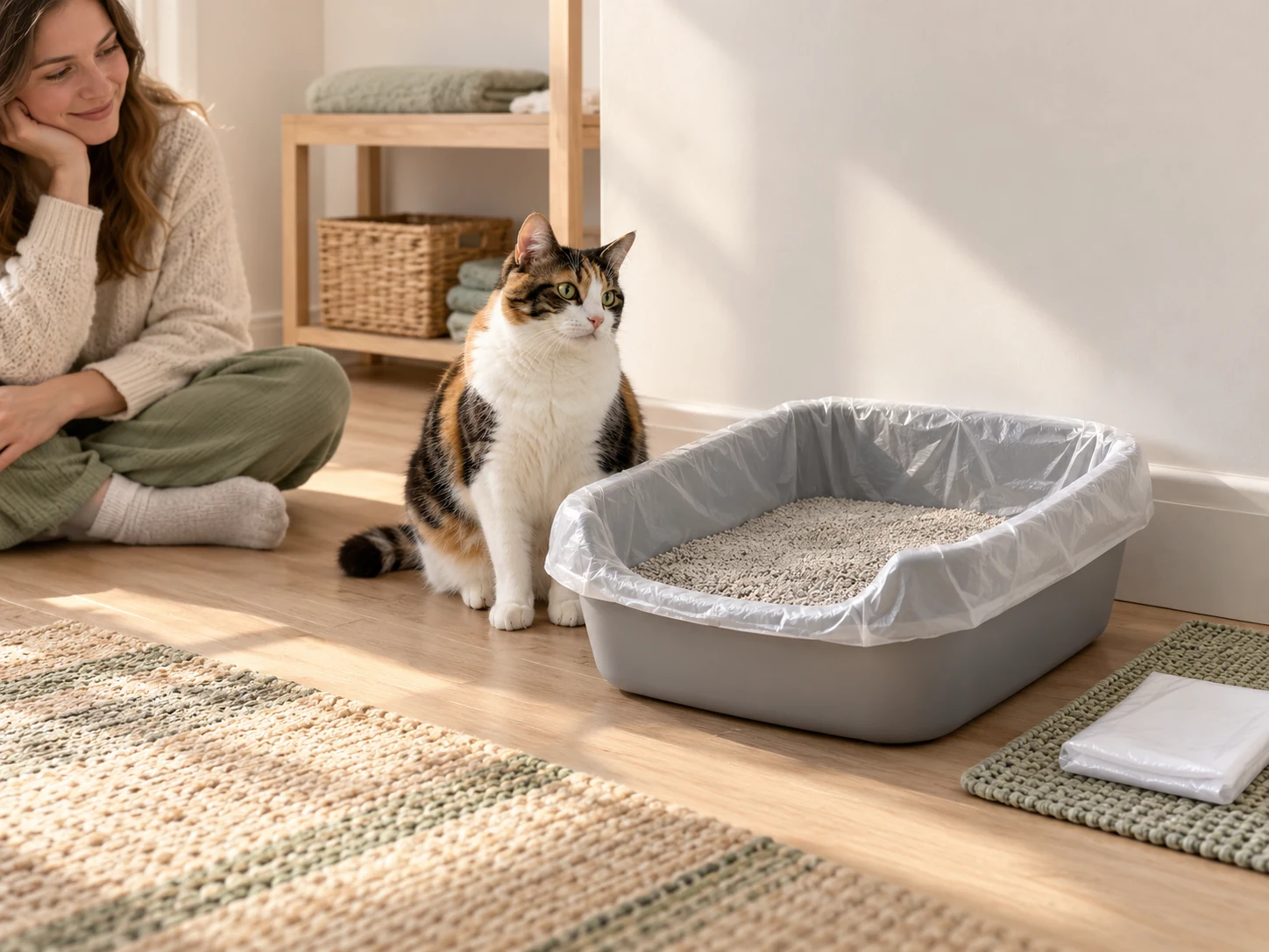 AI-created planning scene with a cat beside an ordinary litter pan and spare litter box liners.