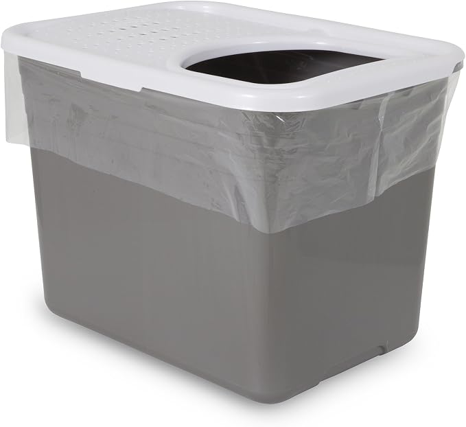 Petmate main product image showing a translucent liner fitted inside a gray top-entry litter pan with a white lid; the pictured pan illustrates use and is not the liner-pack purchase