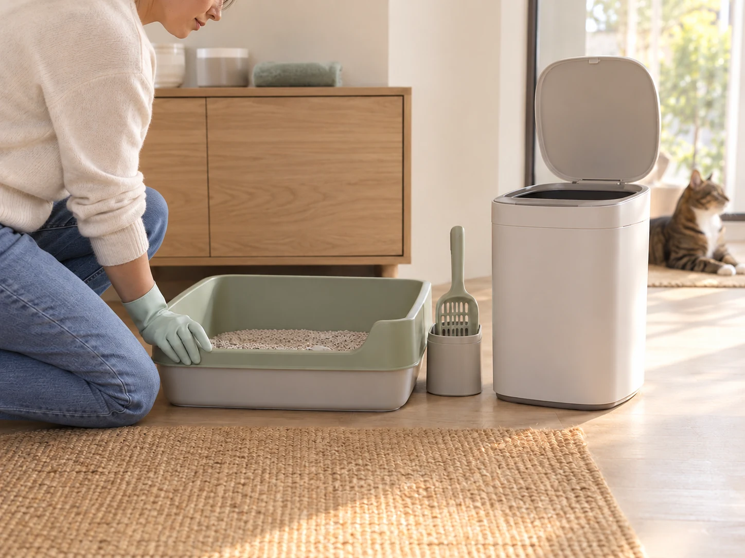 AI-created scene checking access around a generic cat litter disposal system's open lid beside the litter tray.