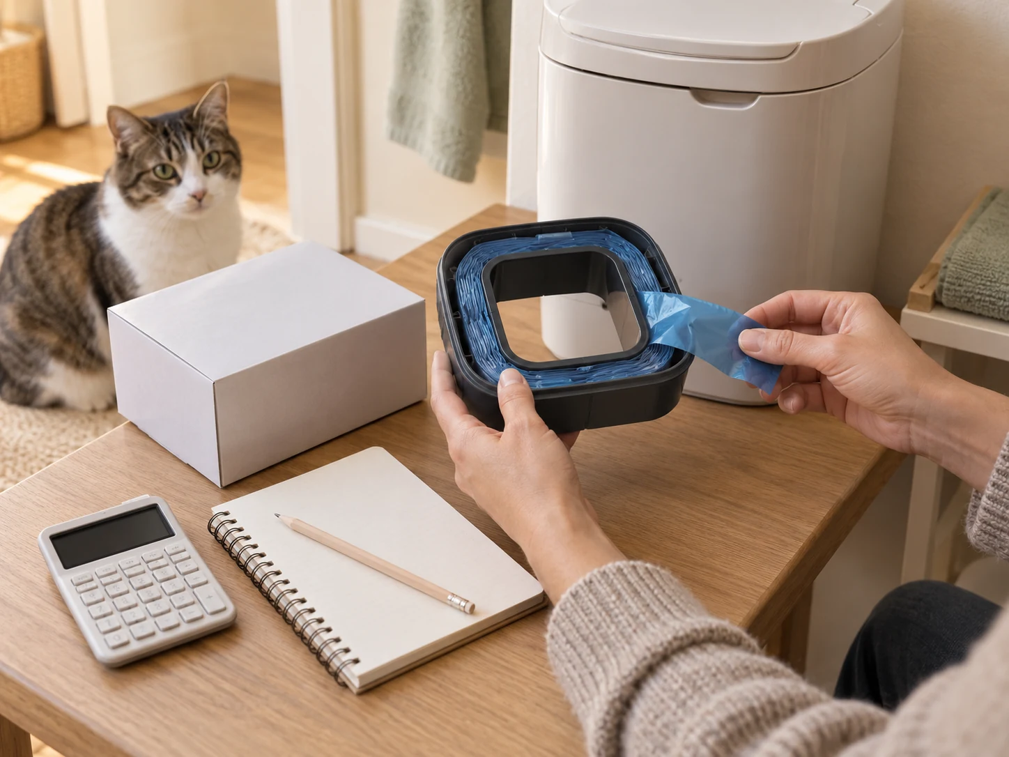AI-created planning scene with a generic cat litter disposal system refill and a blank household usage notebook.