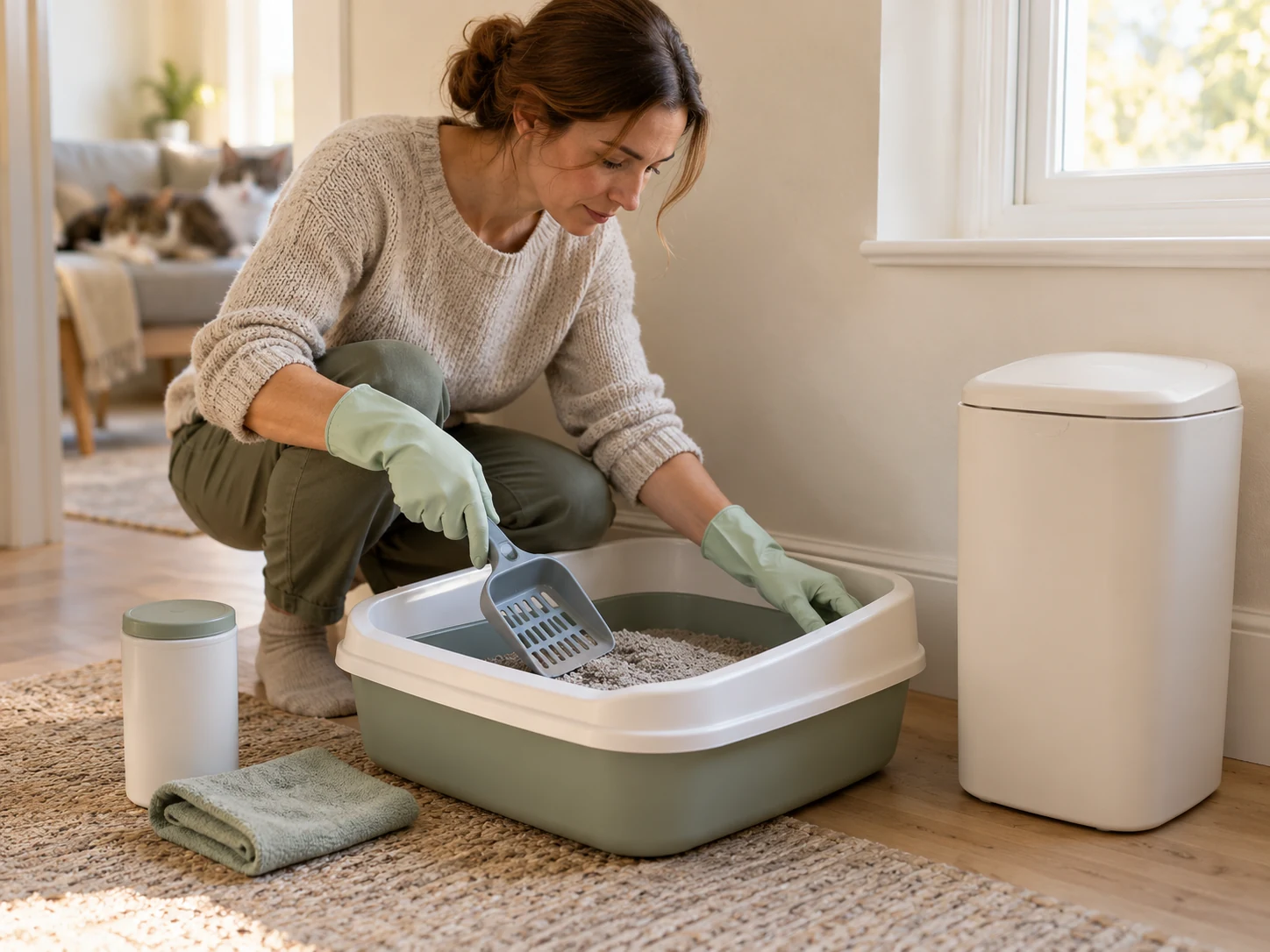 AI-created scene of a caregiver checking the litter tray with a scoop while a separate waste pail remains nearby.