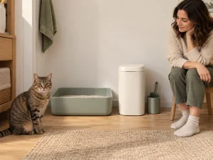 AI-created home planning scene with a cat litter disposal system beside a separate tray.