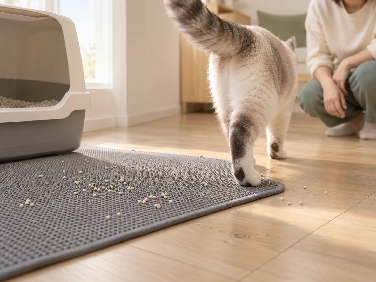 AI-created observation of a cat's exit direction and scattered grains around a mat edge.