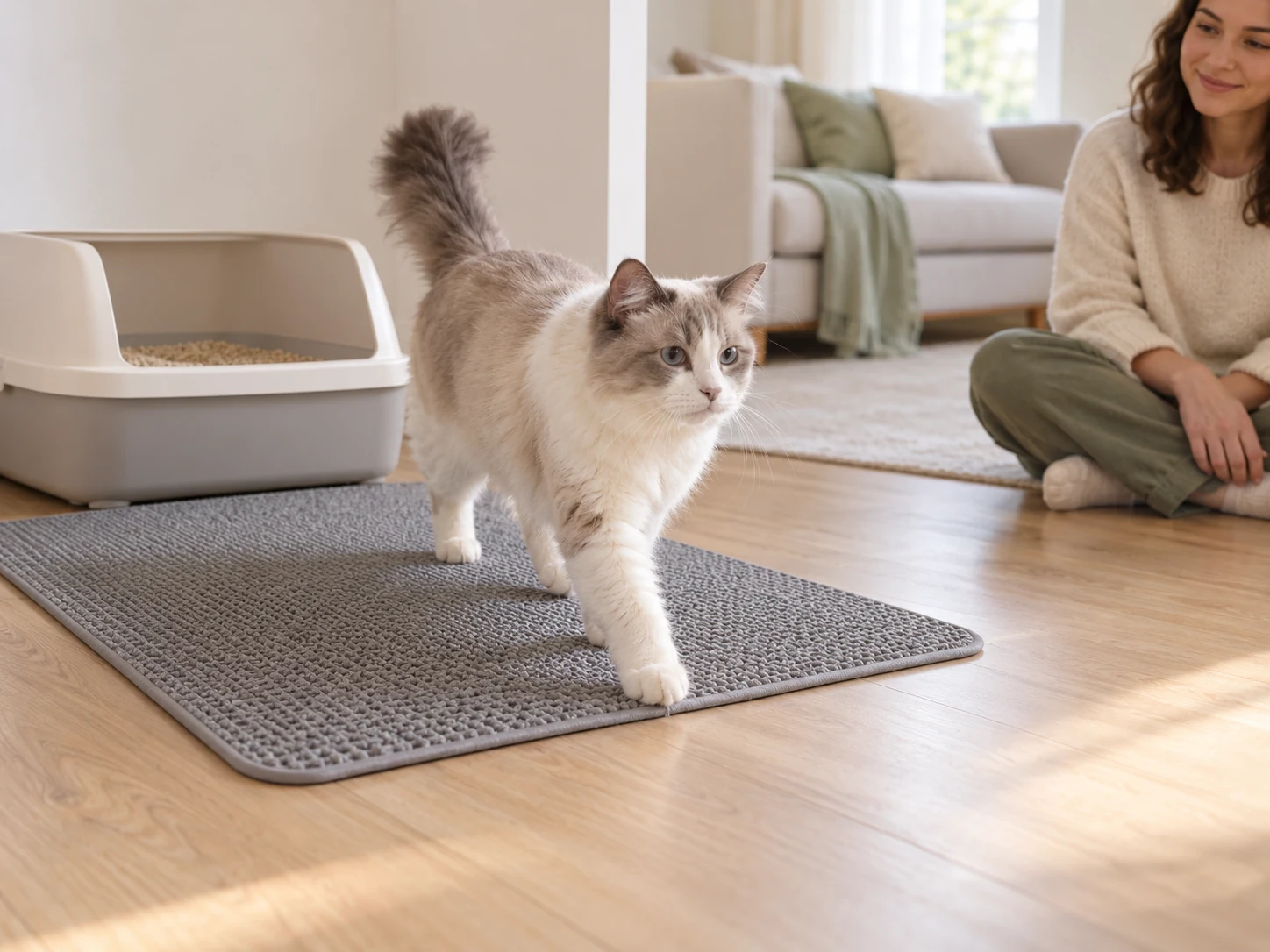 AI-created scene of a cat crossing a litter mat voluntarily with open floor around the route.