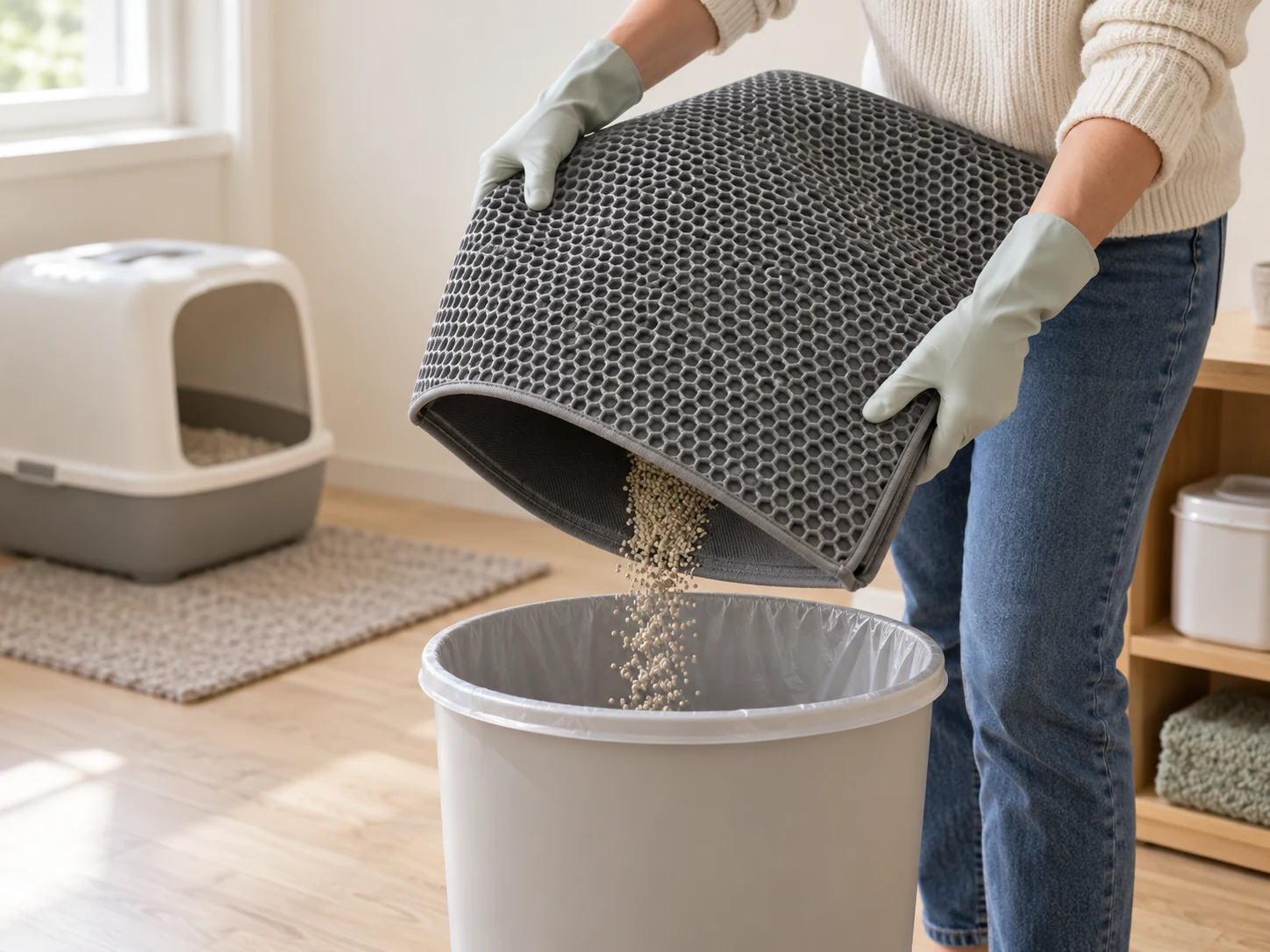 AI-created scene emptying a generic flexible mat's collected grains over a waste container.