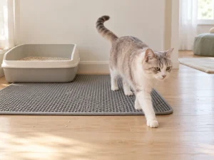 AI-created home scene of a cat leaving a tray across a gray double-layer litter mat.
