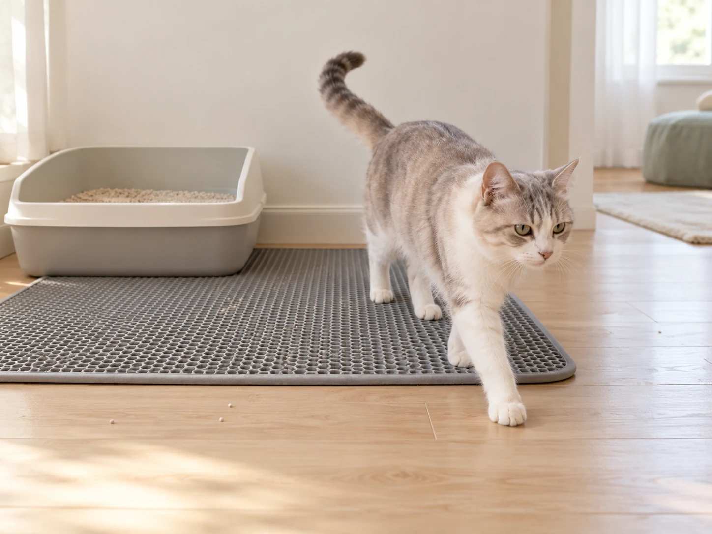 AI-created home scene of a cat leaving a tray across a gray double-layer litter mat.