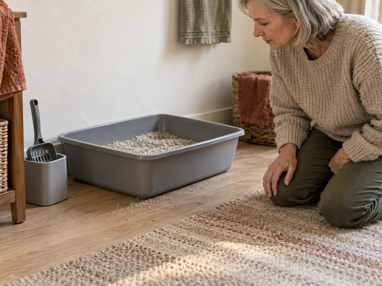 AI-created observation scene of loose grains near a tray side and its exit area.