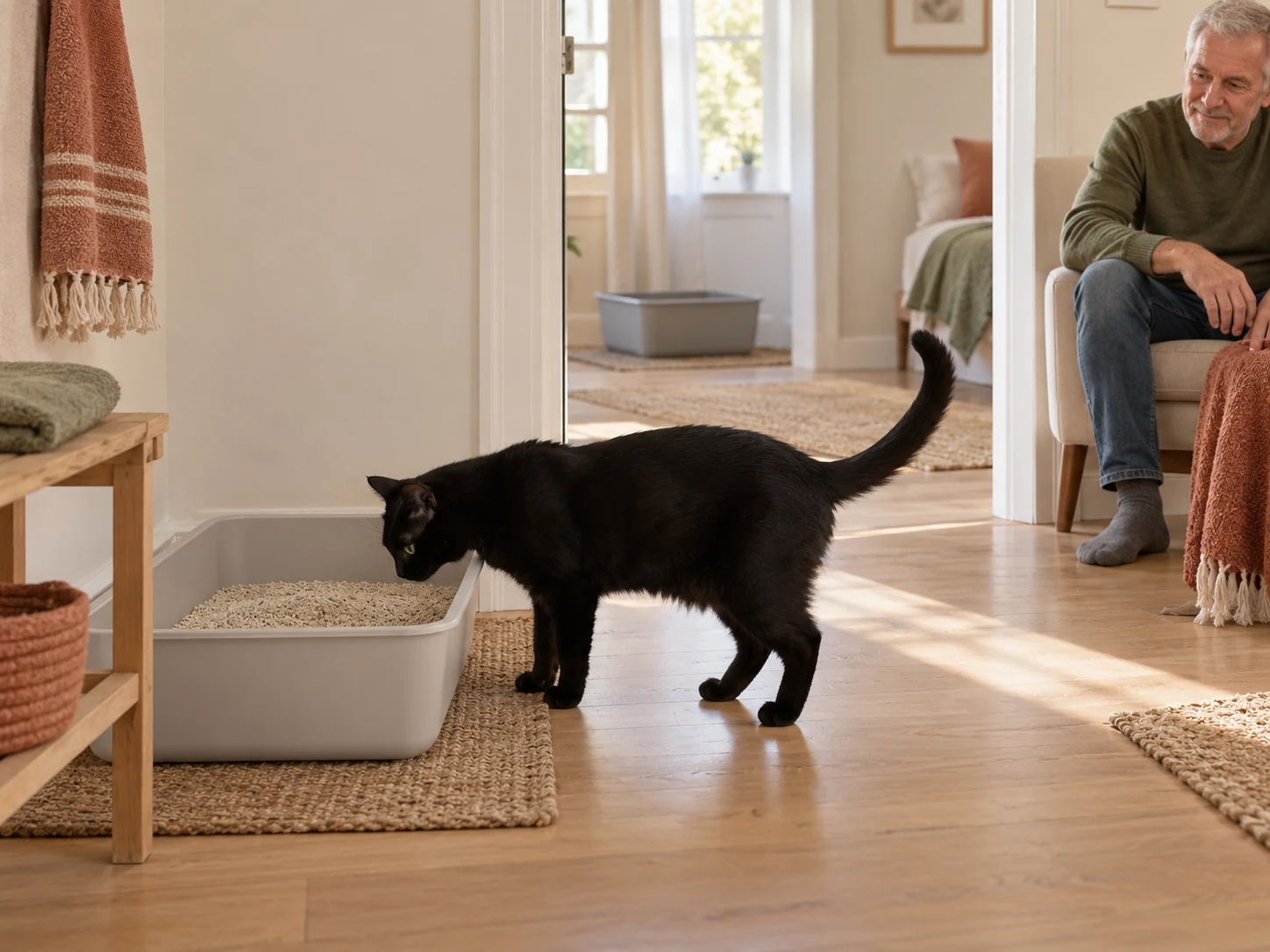 AI-created scene of a cat investigating a trial tray while a familiar option remains accessible elsewhere.