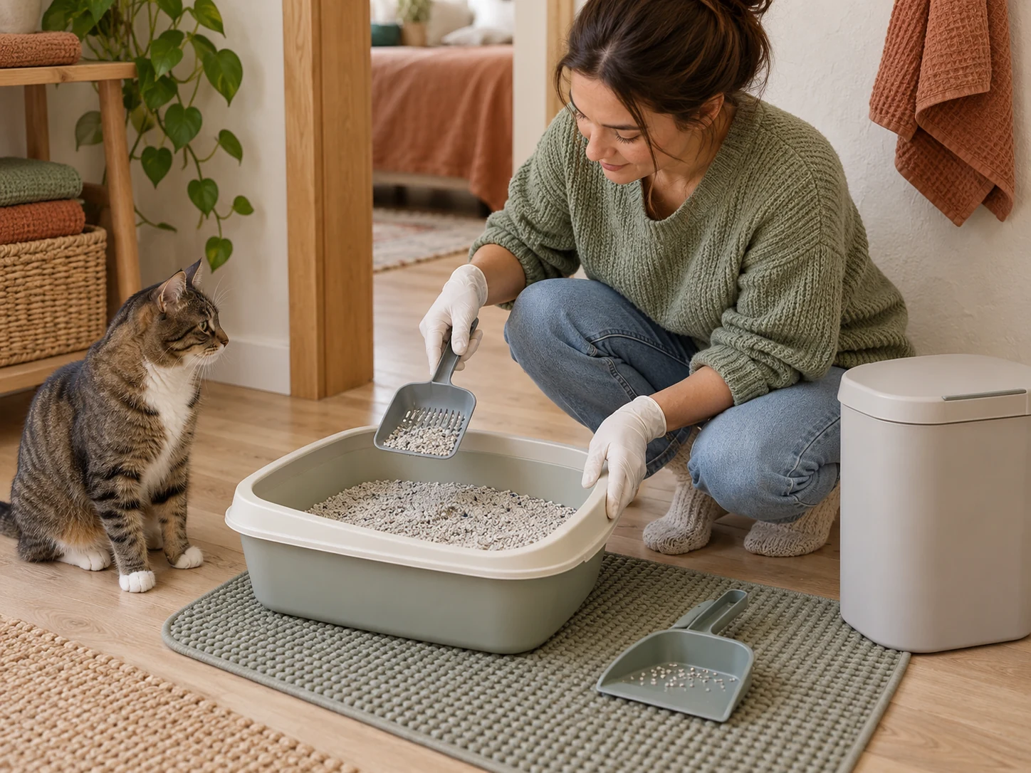 AI-created routine-care scene with a litter scoop and a separate dustpan of floor grains.