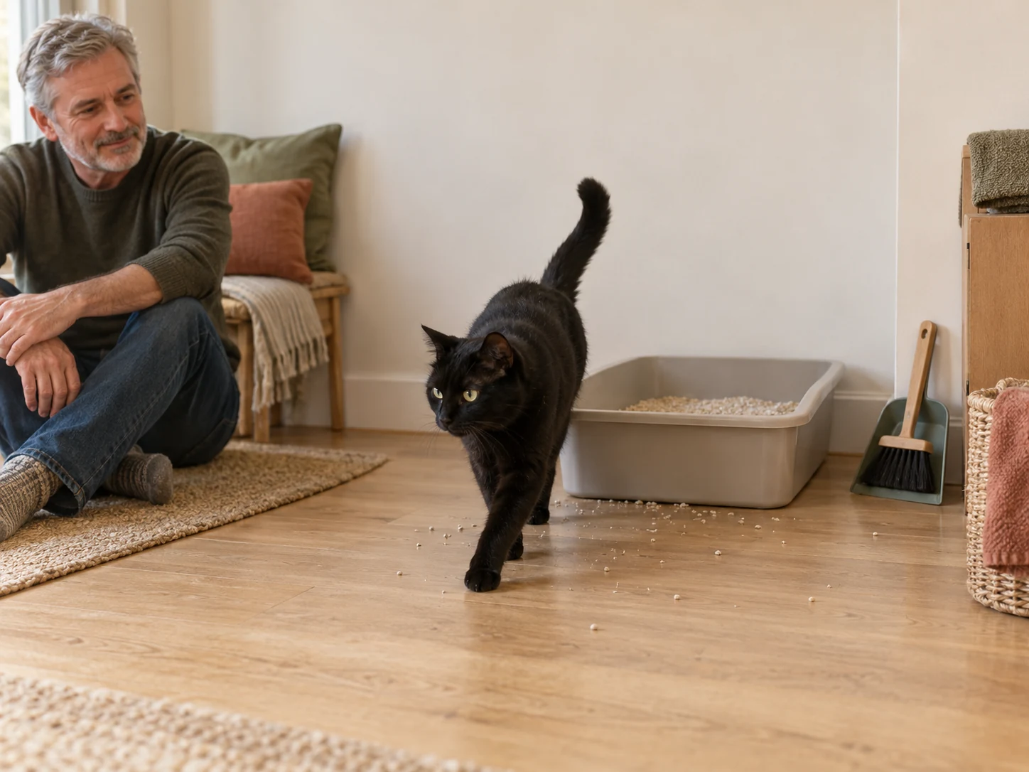 AI-created home scene of a black cat leaving an open tray with a few grains along the exit.