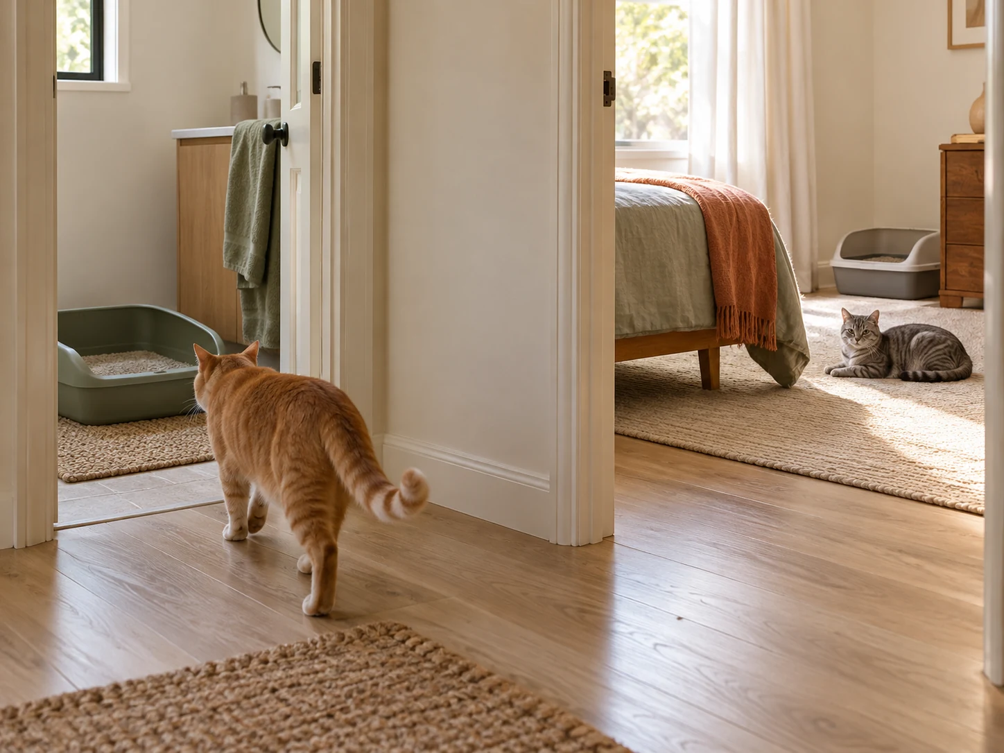 AI-created scene of two cats using separate broad routes toward distinct litter-box areas.