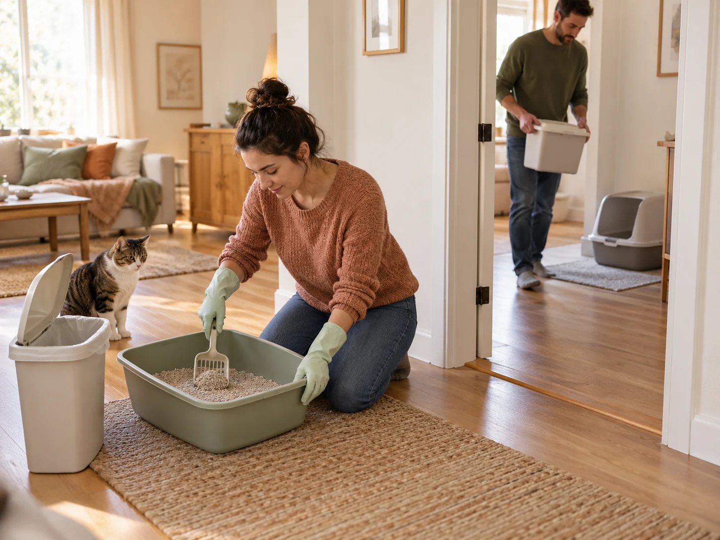 AI-created scene of two caregivers checking separate litter areas and replenishment supplies.