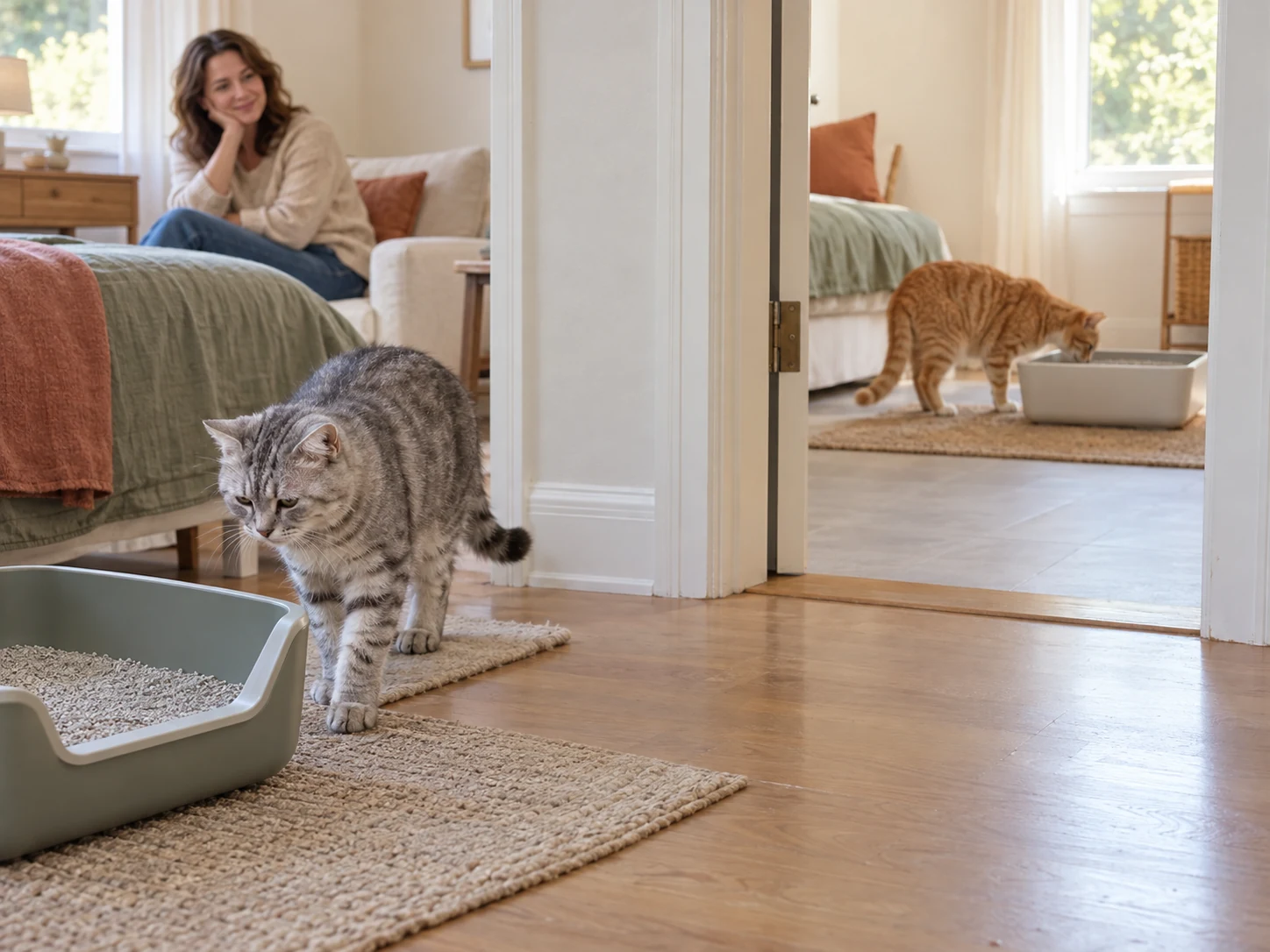AI-created scene of an older cat approaching a low-entry familiar tray while another investigates a trial elsewhere.