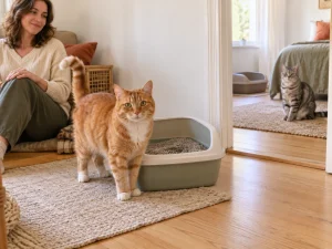 AI-created multi-cat home scene with cats and litter trays in distinct accessible areas.