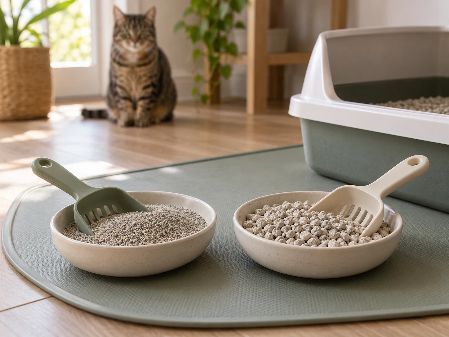 Two generic litter-granule samples of different sizes in separate dishes on a washable floor mat.