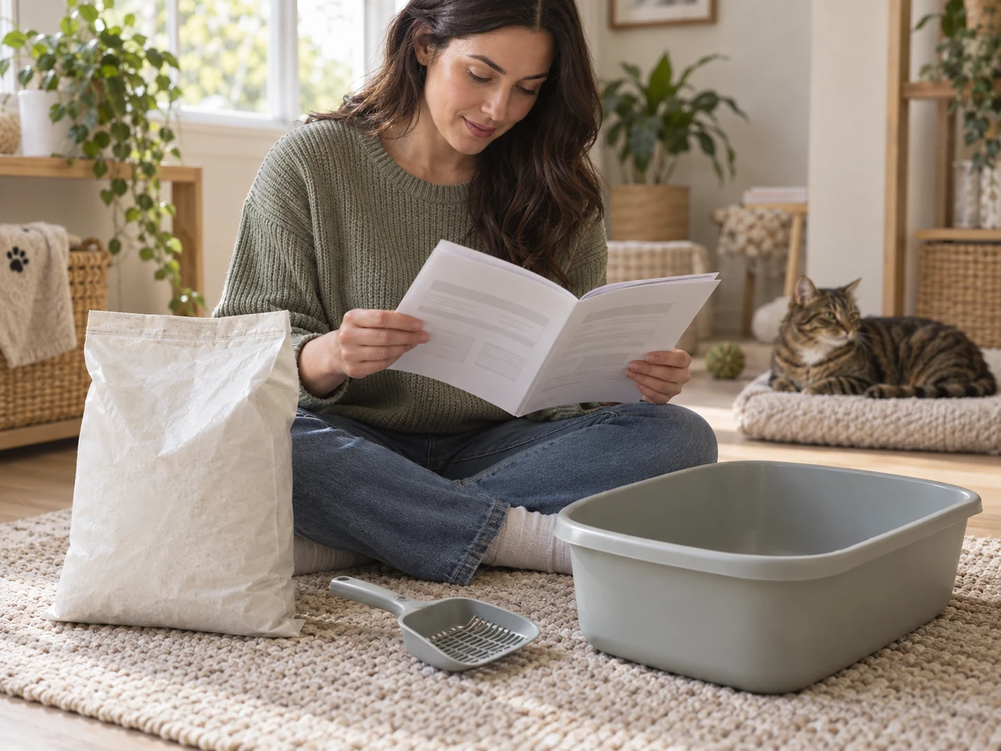 AI-created scene of an owner reviewing generic instructions beside a closed litter bag and clean tray.