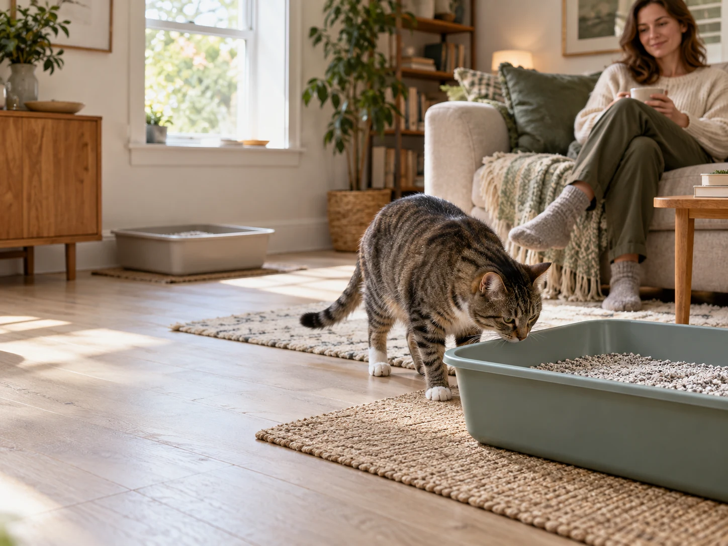 AI-created scene of a cat inspecting a second floor-level litter tray while its familiar tray remains accessible.