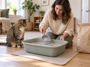 AI-created scene of a cat watching its owner inspect generic granular litter with a scoop beside an ordinary floor-level tray.