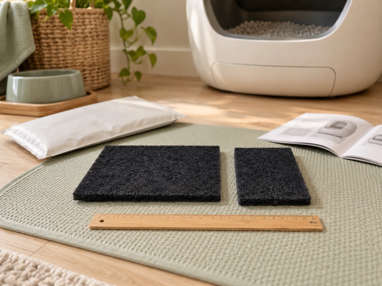 Two differently sized generic charcoal pads beside a ruler and blurred instructions on a clean mat.