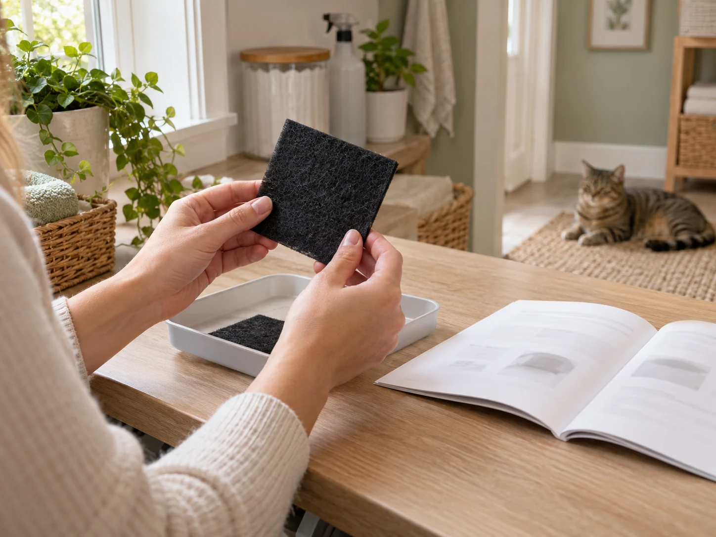 Hands inspecting a generic carbon pad beside a clean tray and unreadable instruction booklet.