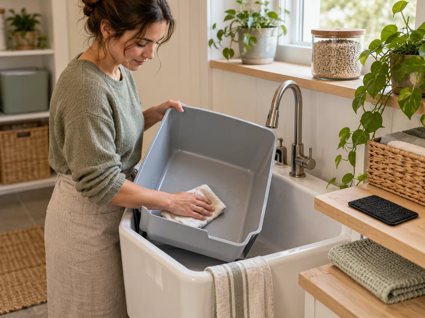 Caregiver wiping a detached plain litter tray while a generic charcoal pad stays dry away from the sink.