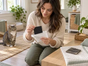 AI-created scene of a caregiver comparing two generic charcoal filter pads while a cat waits nearby.