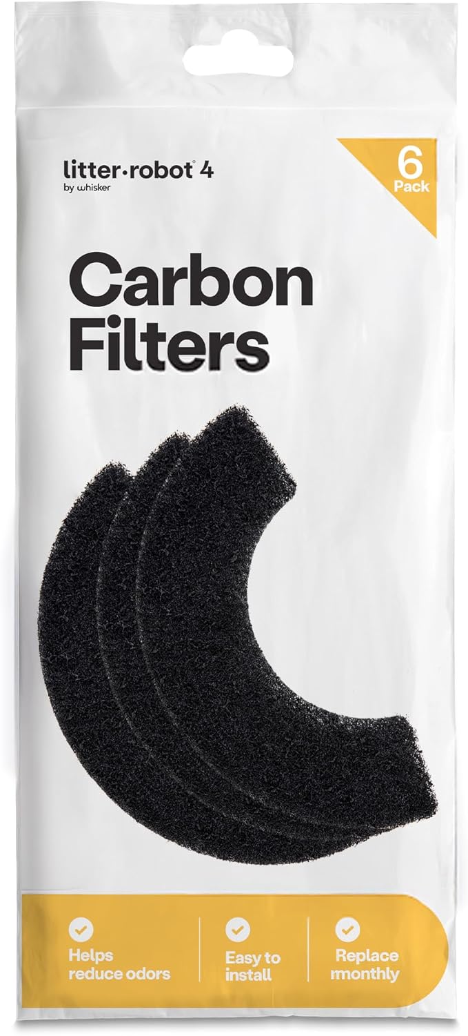 Whisker Litter-Robot 4 Carbon Filters retail package marked six-pack, showing the shaped black carbon pad