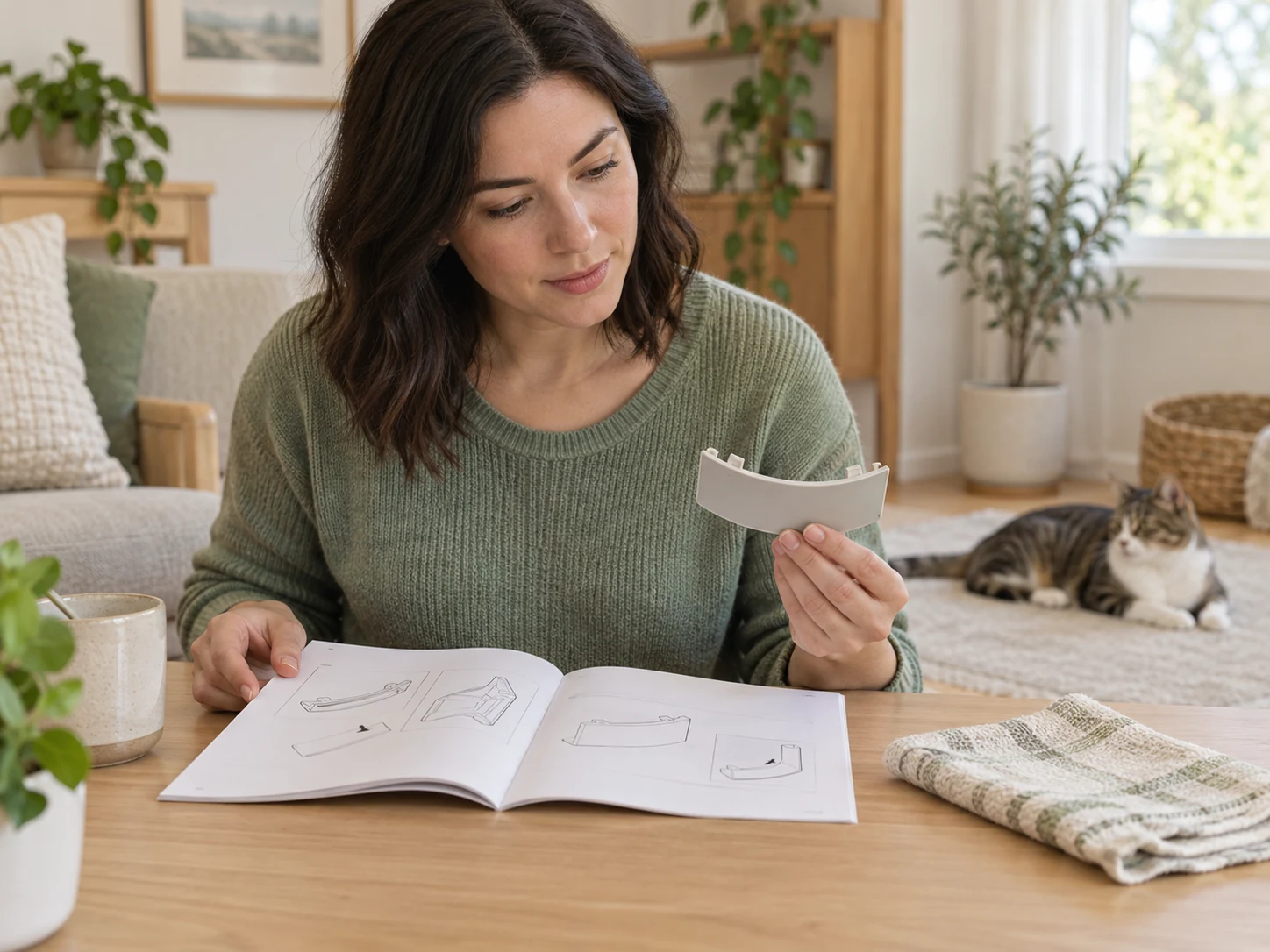 Owner comparing a generic curved plastic guard with an open instruction guide.