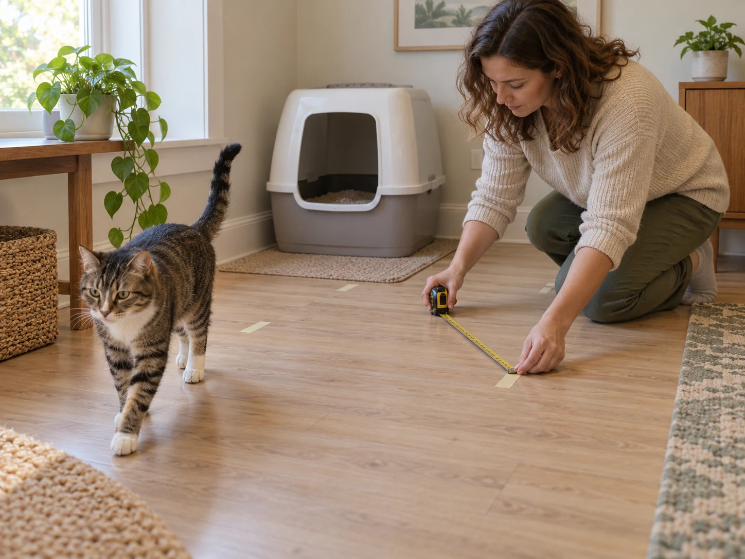 Owner using a tape measure to assess clear floor space near a generic covered litter area.