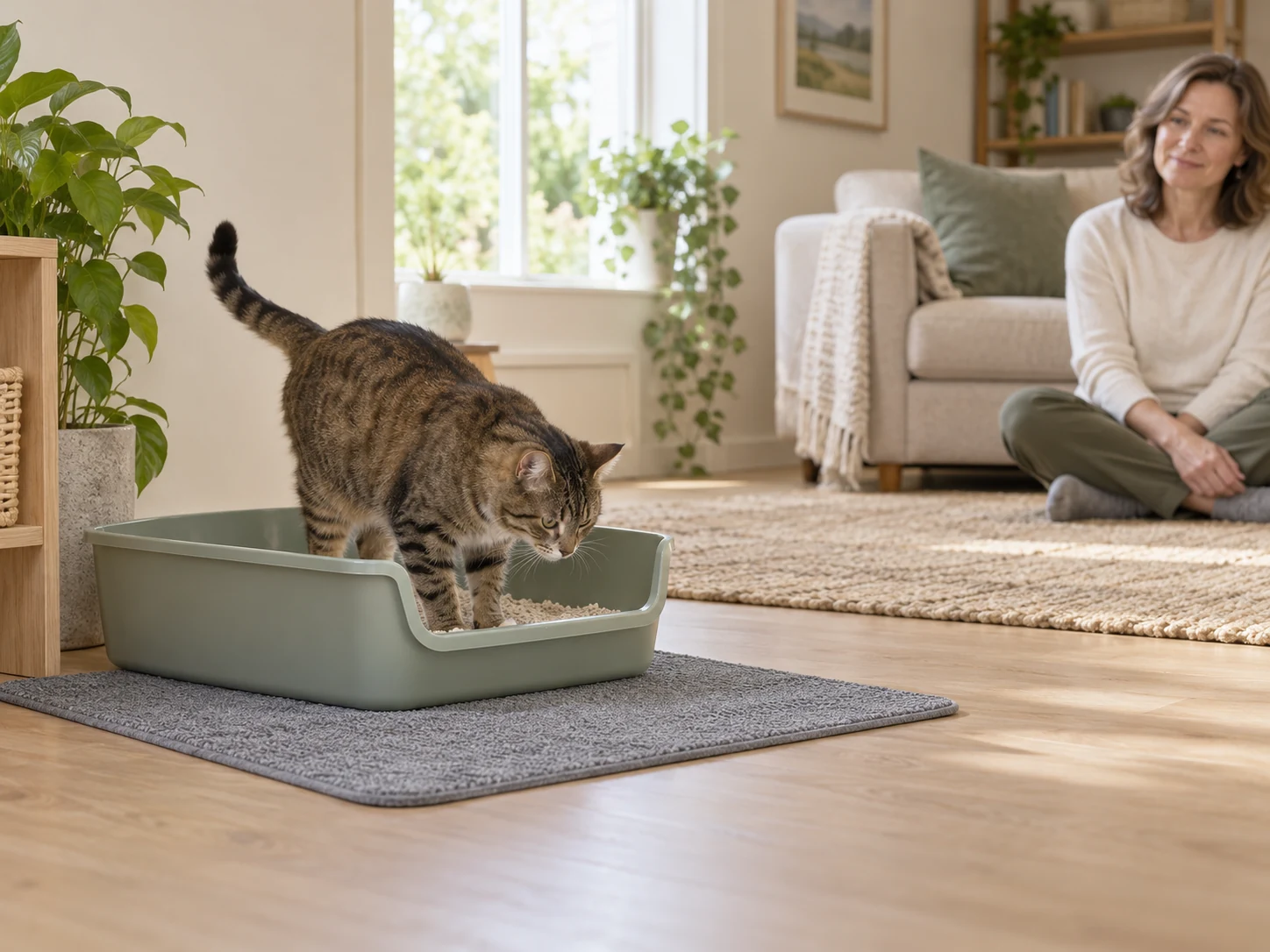 Cat checking the entrance of a low-entry ordinary litter tray while an owner observes from a distance.