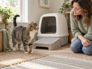Cat beside a generic low pet step near a covered litter tray in a clear room.