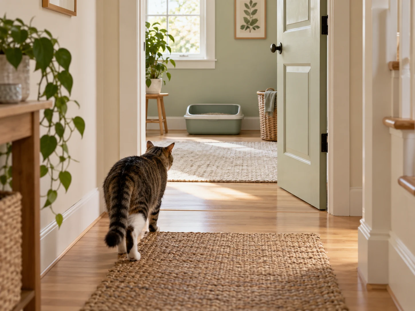 Cat approaching a litter tray through an unobstructed open doorway.
