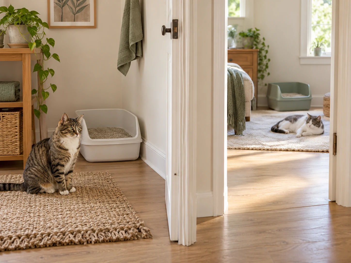Two separate litter areas in connected rooms, with a cat resting near each area.