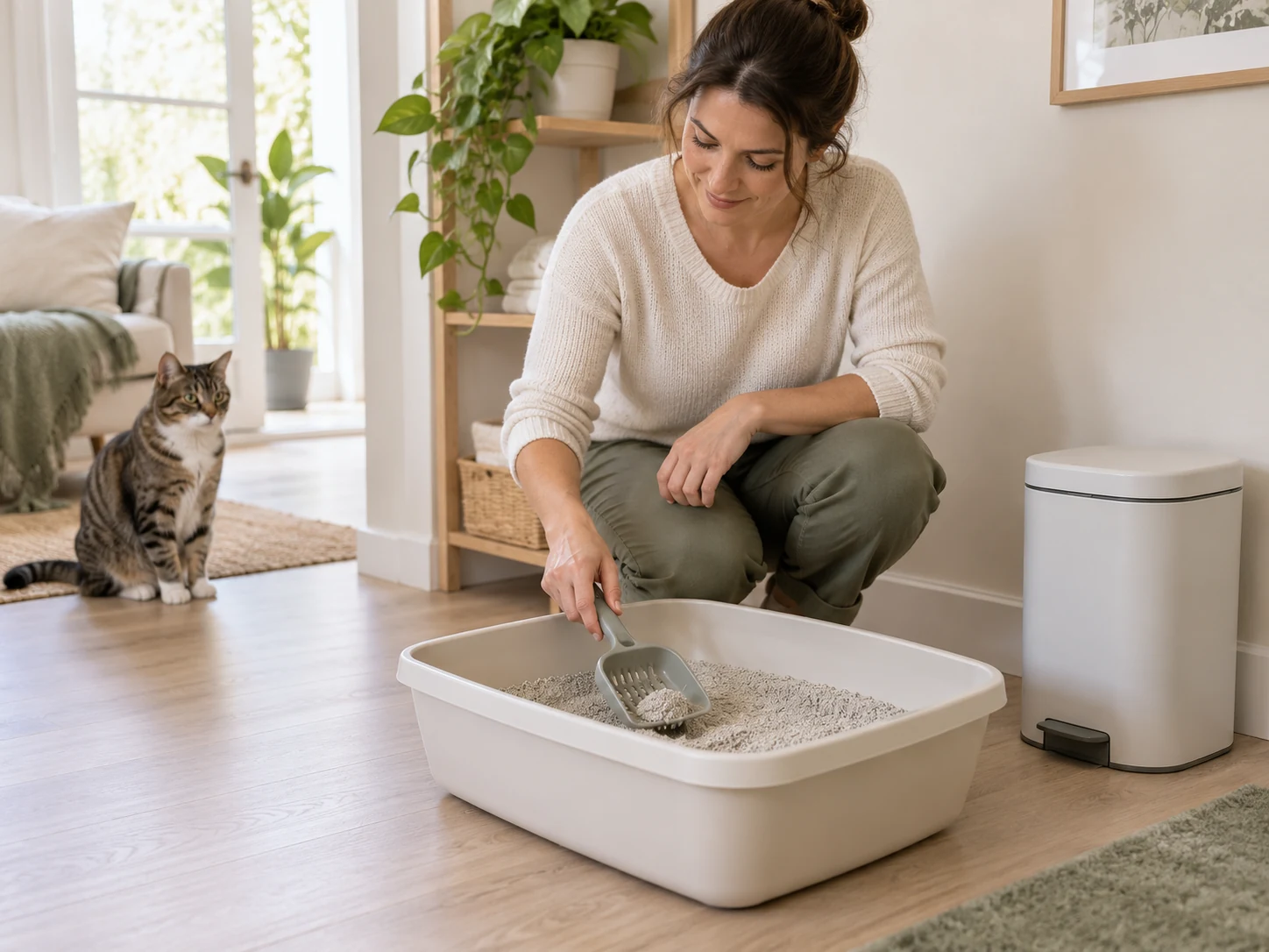 Caregiver scooping an accessible litter tray while a cat watches from a distance.