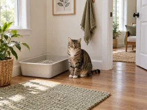 Cat beside a clean open litter tray in a quiet room with an open doorway.