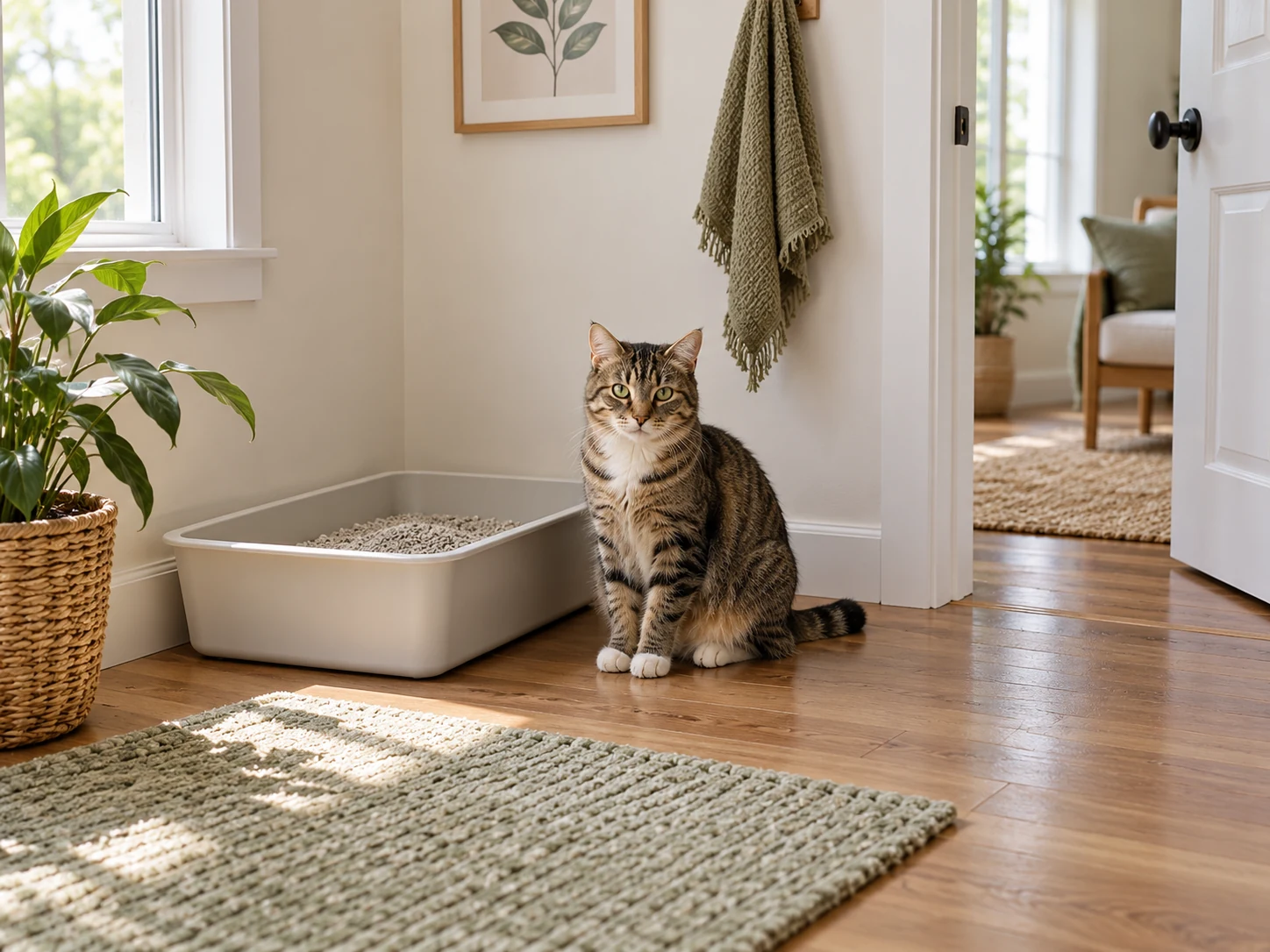 Cat beside a clean open litter tray in a quiet room with an open doorway.