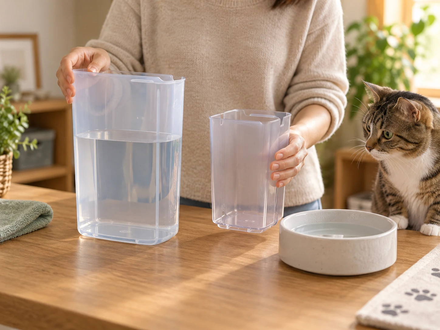 Caregiver comparing two generic detachable water containers beside a shallow pet bowl.