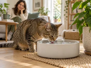 Cat drinking from a generic shallow pet water dispenser while an owner observes.