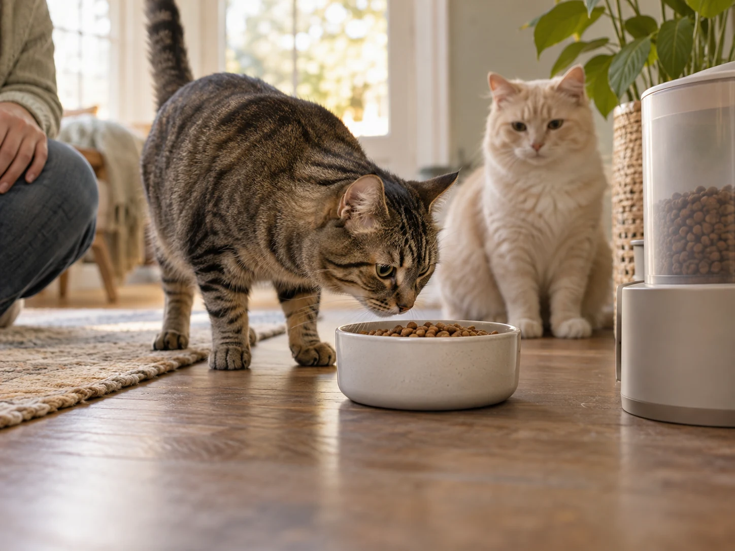 A tabby cat beside an open bowl of dry food with a cream cat behind it and a person observing