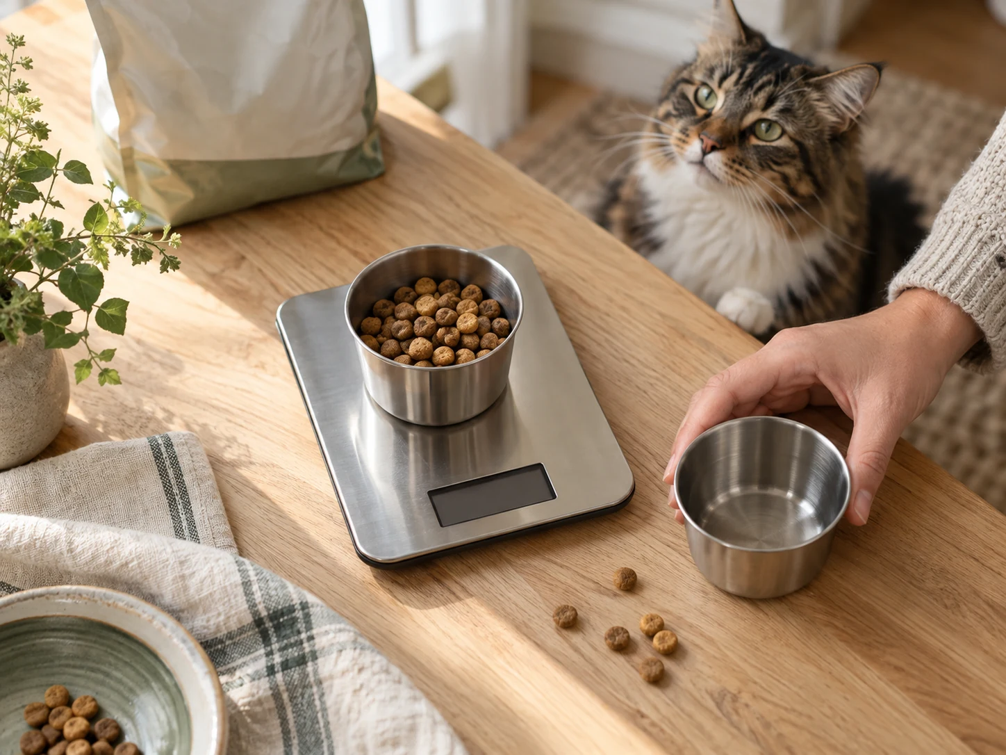A cup of dry kibble on a blank-display kitchen scale beside an empty steel cup held by a person