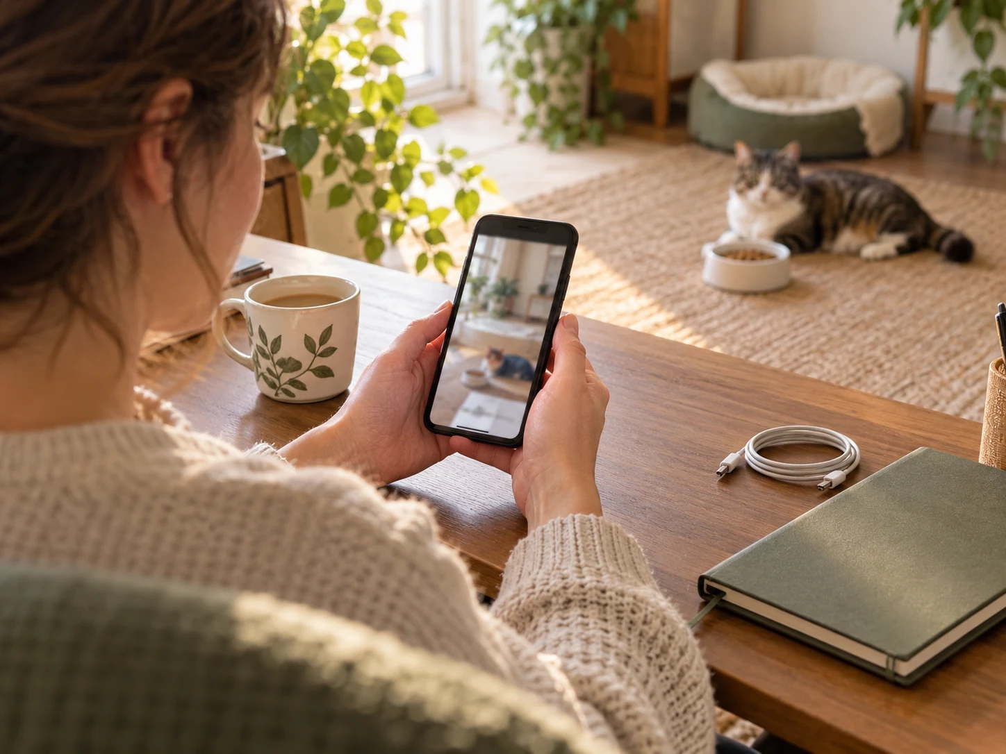 A person reviewing a blurred cat-camera view on a phone at a desk, with a cat and food bowl in the room